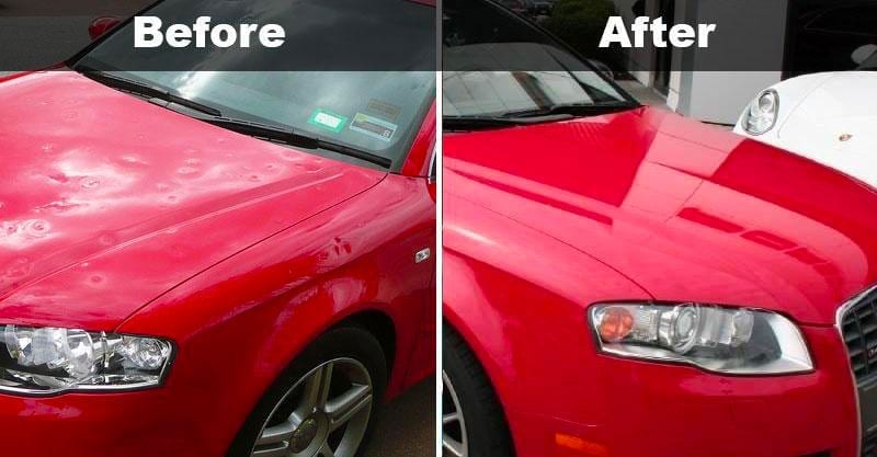Vehicle before and after hail damage repair